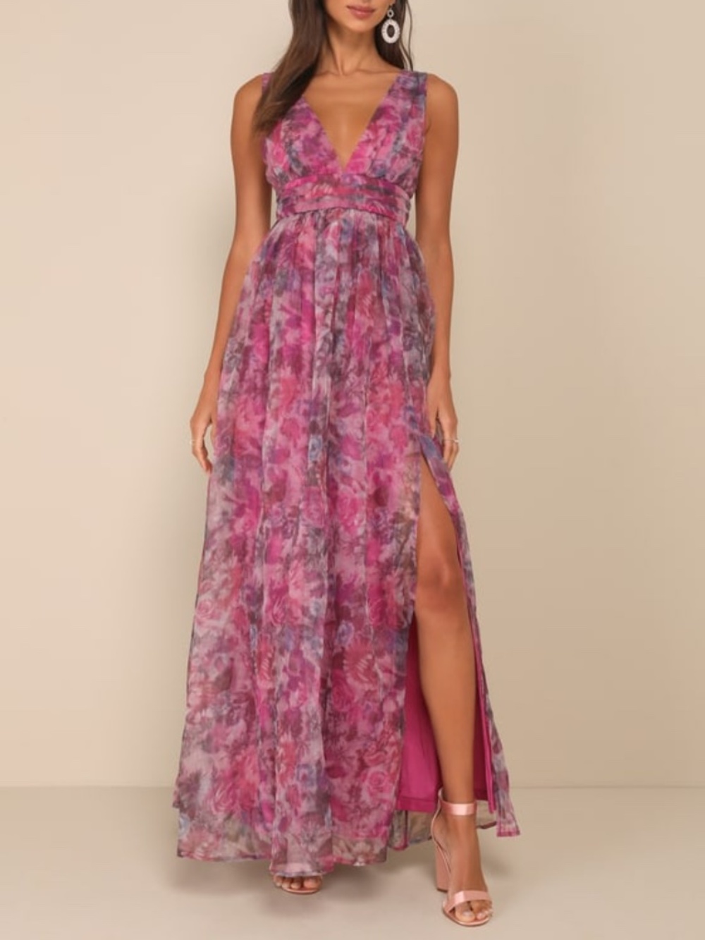 Lulus Garden Romance Magenta Floral Print Organza Maxi Dress Pink - Size XL